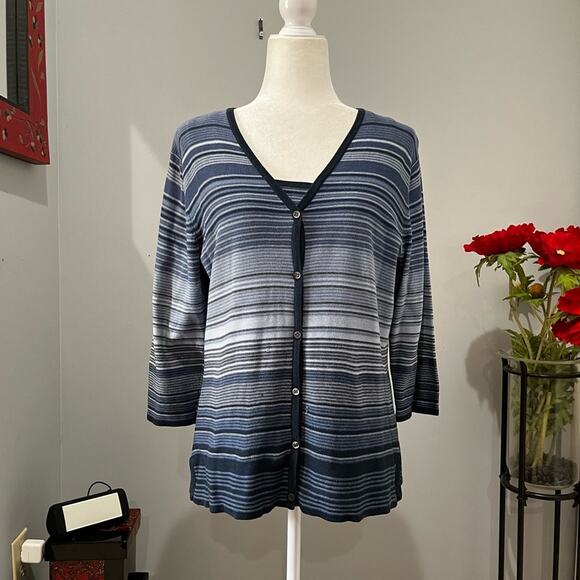 NEW Finity Naturals Silk Striped Multi Tri-Tone Sweater Cardigan Cami Twinset L - Picture 2 of 16